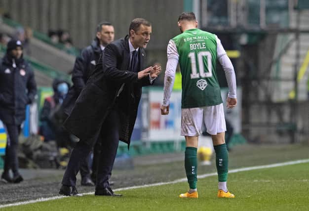 New Hibs manager Shaun Maloney gives out instructions to Martin Boyle. Picture: SNS