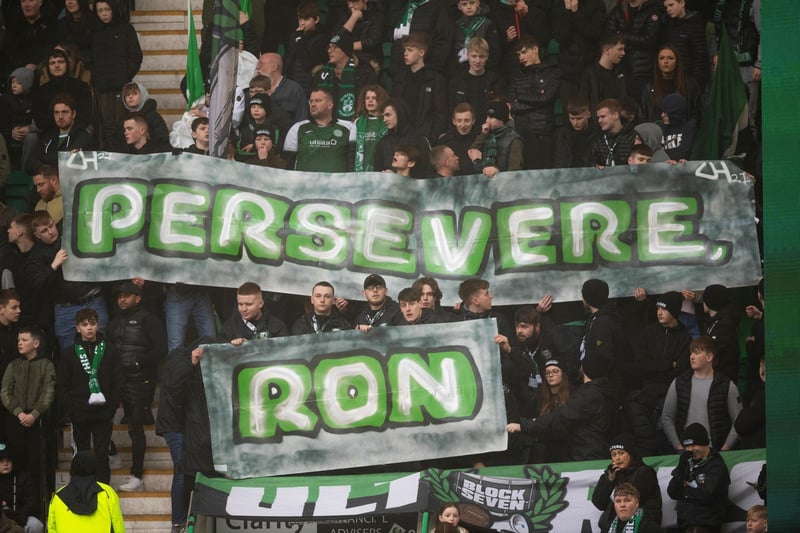 Hibs fans show support for Ron Gordon during the match against Kilmarnock at Easter Road in February after the owner announces that he is receiving treatment for cancer