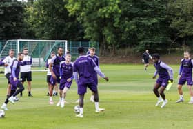 The Hibs players are put through their paces ahead of Wednesday night's Europa Conference League play-off first-leg match against Aston Villa. Picture: Mark Scates / SNS Group