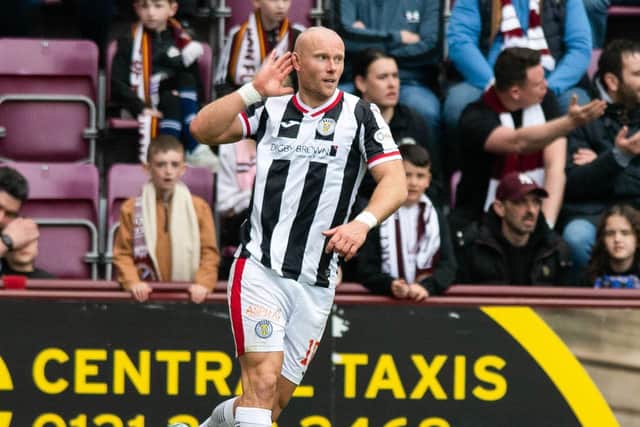 St Mirren striker Curtis Main celebrates after firing St Mirren into the lead at Tynecastle in the 2-0 win over Hearts. Picture: SNS