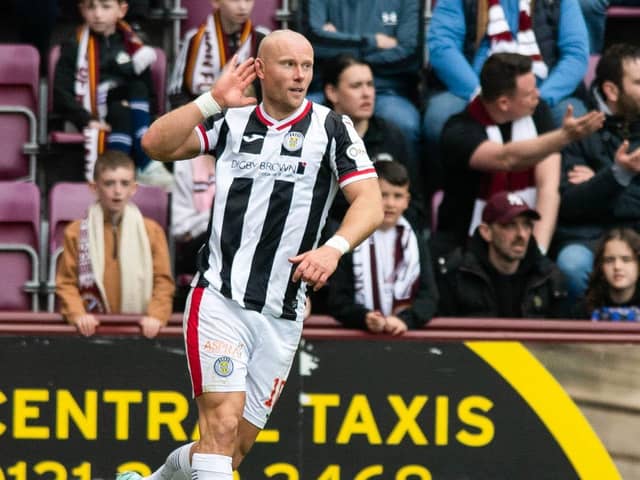 St Mirren striker Curtis Main celebrates after firing St Mirren into the lead at Tynecastle in the 2-0 win over Hearts. Picture: SNS