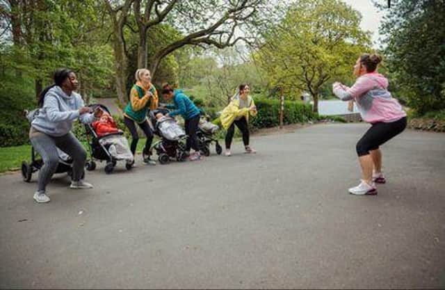 A group of mums from Leith join in the first Buggy Bootcamp session.
