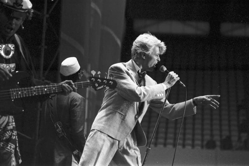 Legendary British singer/actor David Bowie on stage at Murrayfield stadium in Edinburgh, during the 'Serious Moonlight' tour, June 1983, his longest, largest and most successful concert tour to date at the time.
