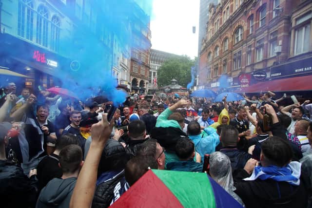 Scotland fans gather in Leicester Square before the UEFA Euro 2020 match between England and Scotland.