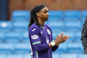 Hibs substitute Jair Tavares applauds the travelling fans at full time after making his first appearance of the season in the 2-2 draw at Kilmarnock. (Photo by Roddy Scott / SNS Group)