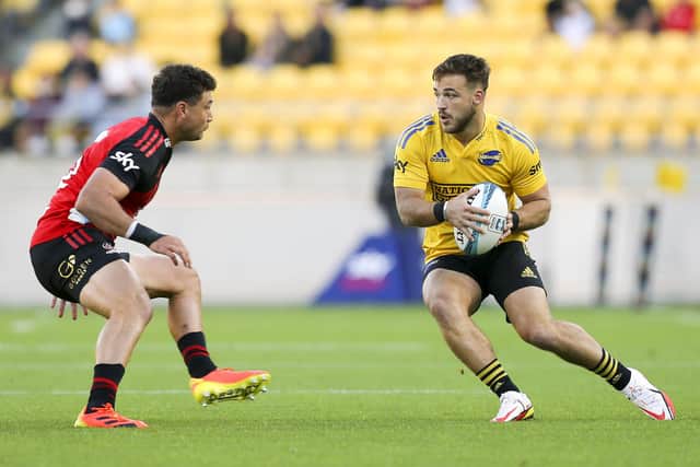 Wes Goosen on the attack for the Hurricanes against the Crusaders during a Super Rugby Pacific match this season. (Photo by Hagen Hopkins/Getty Images)
