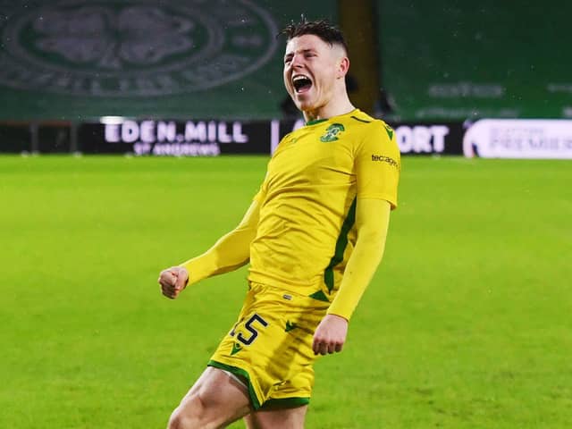 Described as a old-fashioned striker by club legend Michael Weir, Kevin Nisbet is a picture of joy after scoring one of his 14 goals for Hibs this season. Photo by Ross MacDonald / SNS Group