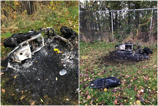 A motorbike, found burnt out after an alleged fire in Saughton Park picture: supplied