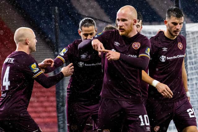 Liam Boyce celebrates scoring the winning goal the last time Hearts and Hibs faced off against each other at Hampden Park in 2020. Picture: SNS