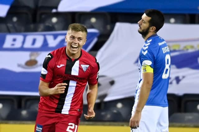 Hibs loanee Fraser Murray celebrates after scoring in the Betfred Cup match between Kilmarnock and Dunfermline at Rugby Park on October 13, 2020. (Photo by Rob Casey / SNS Group)