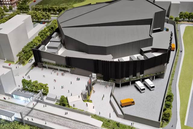 The replica model of the proposed 8,500 capacity Edinburgh Arena next to Edinburgh Park Train and Tram station.