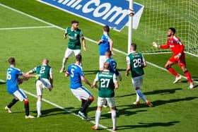 David Gray heads home the winning goal in the 2016 Scottish Cup final as Hibs defeated Rangers. Picture: SNS