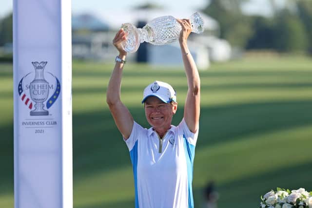 Team Europe captain Catriona Matthew lifts the Solheim Cup aloft after her second success in the event in last year's match at the Inverness Club in Toledo, Ohio. Picture: Gregory Shamus/Getty Images.