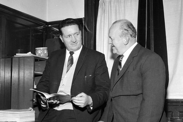 Jock Stein is pictured speaking with the Chairman of Hibs shortly after being appointed manager in March 1965.