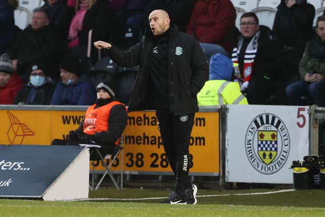 Hibernian interim coach David Gray dishes out instructions during the Cinch Premiership match against St Mirren