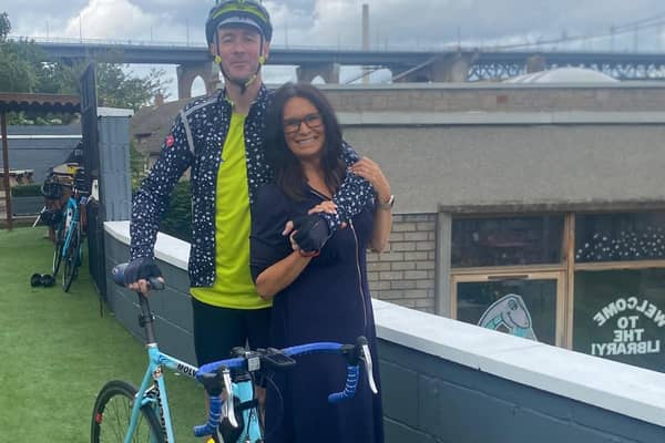 Old friends Rod Cantlay and Judith Ralston meet up in South Queensferry.  He is cycling from Land's End to John o' Groats to raise money in memory of his mother who taught Judith music at Edinburgh's St Augustine's High School.