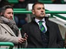 Lee Johnson watches on from the directors' box with chief executive Ben Kensell during Hibs' 3-1 defeat by Motherwell