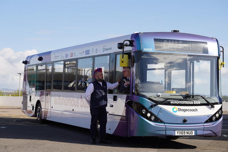 The media was invited along to see one of the autonomous buses in operation ahead of the launch of the service on Monday May 15.
Scotland's transport minister Kevin Stewart was one of the first to strap in for the short journey as the Stagecoach vehicles were tested on the service between Ferry Toll near Inverkeithing and Edinburgh Park.