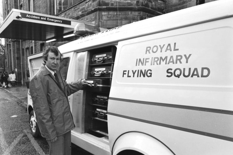 Evening News readers raised money to equip the Edinburgh Royal Infirmary hospital with a Flying Squad ambulance in December 1980. Dr Keith Little shows how the storage system works.