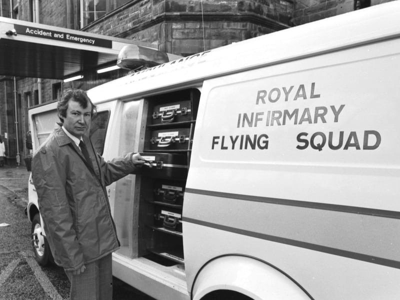 Evening News readers raised money to equip the Edinburgh Royal Infirmary hospital with a Flying Squad ambulance in December 1980. Dr Keith Little shows how the storage system works.