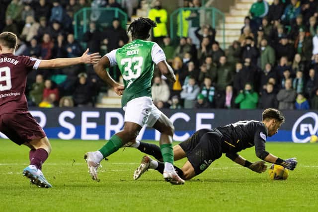 The outstanding Kevin Dabrowski clutches the ball to deny Hearts at Easter Road