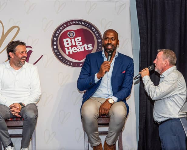 Mark de Vries and Paul Hartley with host Scott Wilson at the Big Hearts Gala. Pic: Tommy Lee