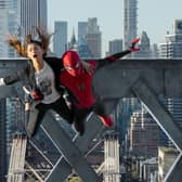 MJ (Zendaya) and Spider-Man (Tom Holland) jump off the bridge in Spider-Man: No Way Home. Photo: PA Photo/©2021 CTMG.