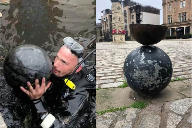 Shane throws out one of the cannonballs. Pic: Hilary Thacker/ Friends of Water of Leith Basin.