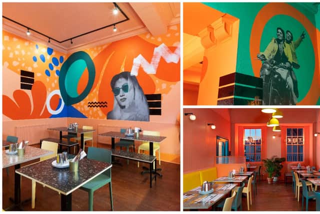 The signature Tuk Tuk orange is a focus on the biggest of three hand-painted murals across the walls. Bollywood film stars are cut out across the venue with a neon sign designed by Solas Neon in the window to welcome diners.