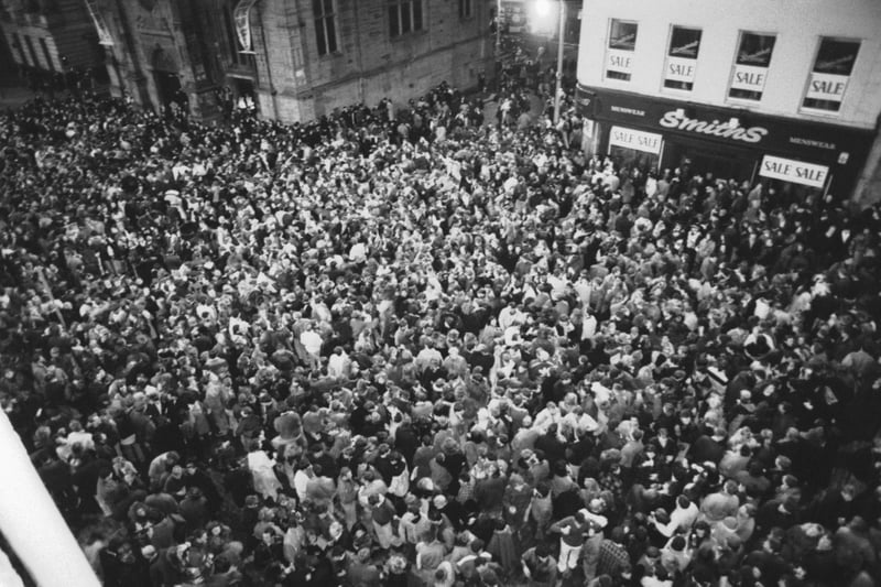 Thousands of people gather on the Royal Mile gather to bring in the New Year on December 31, 1991.