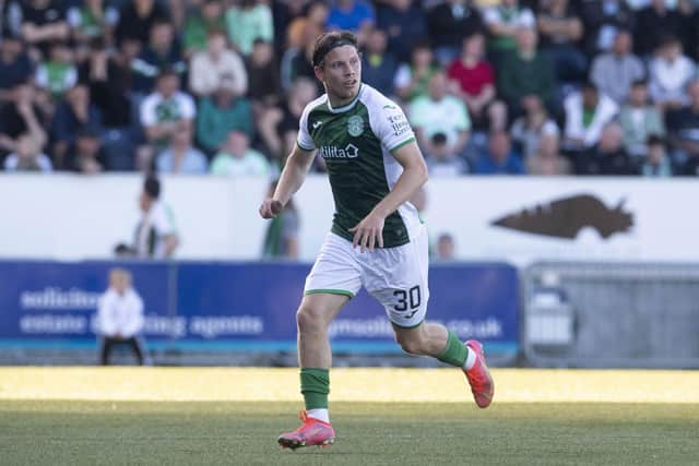 Runar Hauge in action for Hibs during the Premier Sports Cup loss at Falkirk earlier this month. Picture: SNS