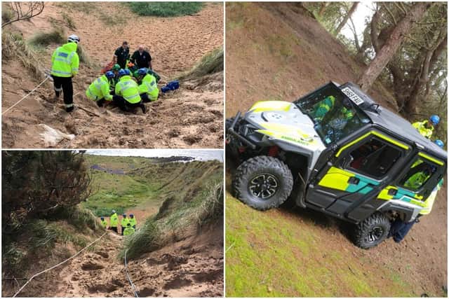 Working with the Scottish Ambulance Service, the Coastguard used an off-road buggy to ferry the hiker down from the dunes and into a waiting ambulance.