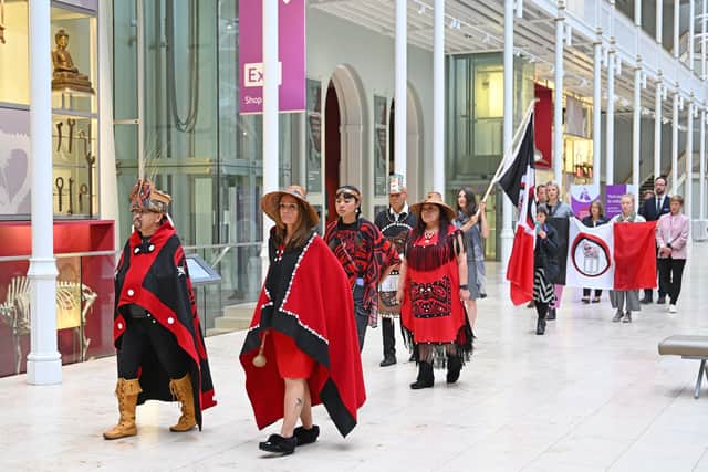 Nisga’a Nation delegates walk through the National Museum of Scotland during their visit to Edinburgh in August. Picture: Neil Hanna