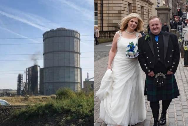 The scene of the blast which killed John Mackay and Tommy Williams at the former coke works in South Bank, Teeside. The cherry picker their bodies were left on for days is just visible. John and Ann on their wedding day. Pictures: Tom Wilkinson/PA and Nicholas Creevy