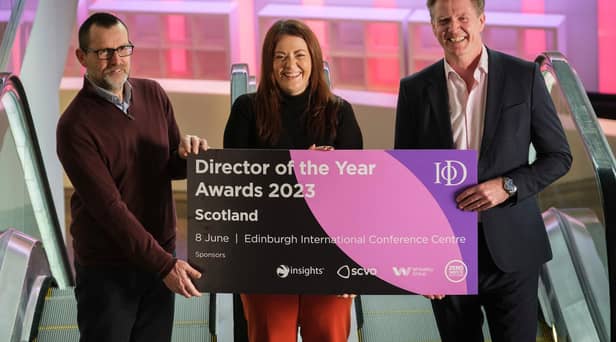 From left: Ian Gulland, CEO of sponsor Zero Waste Scotland; Catherine McWilliam, nations director at IoD Scotland; and Marshall Dallas, CEO of this year’s host the EICC and former IoD Scotland Director of the Year winner. Picture: Mike Wilkinson.
