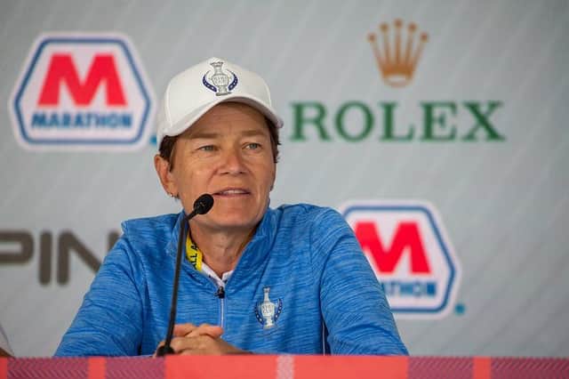 European captain Catriona Matthew talks at a press conference at Inverness Golf Club in Toledo, Ohio, in the build up to this week's Solheim Cup. Picture: Tristan Jones.