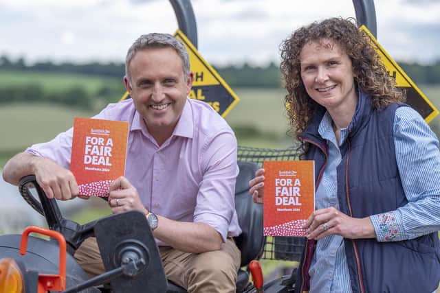 Scottish Liberal Democrat leader Alex Cole-Hamilton and Liberal Democrat deputy leader Wendy Chamberlain during a visit to Craigie's Farm in South Queensferry to launch the party's General Election manifesto