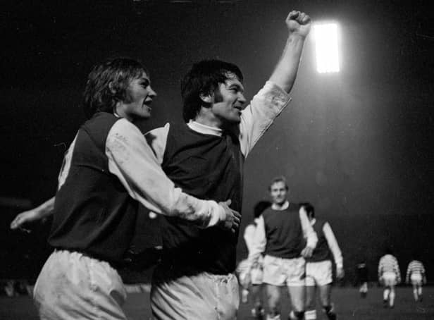 Jimmy O'Rouke (right) celebrates his match winning goal for Hibs in the 2-1 victory over Celtic in the 1972 League Cup final at Hampden