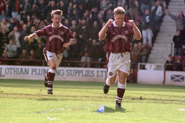 John Robertson celebrating scoring the penalty which lifted him above Jimmy Wardhaugh as Hearts' all-time record league goalscorer. Picture: Julie Bull/TSPL