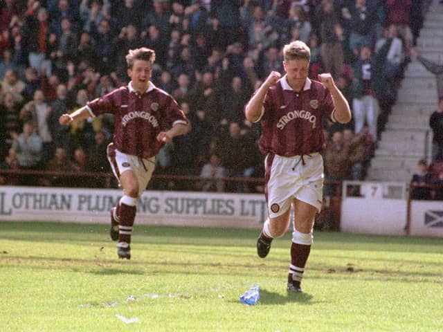 John Robertson celebrating scoring the penalty which lifted him above Jimmy Wardhaugh as Hearts' all-time record league goalscorer. Picture: Julie Bull/TSPL