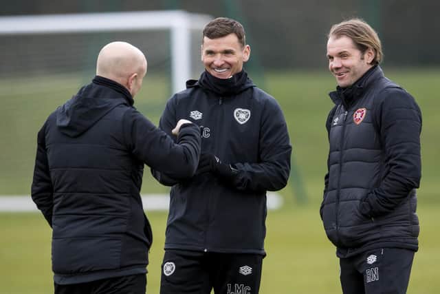 Hearts manager Robbie Neilson with assistants Lee McCulloch and Gordon Forrest.