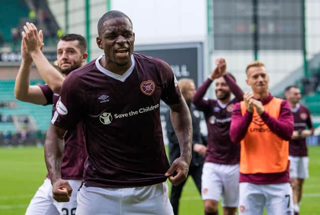Former Hearts striker Uche Ikpeazu celebrating victory over Hibs at Easter Road in September last year. Picture: SNS