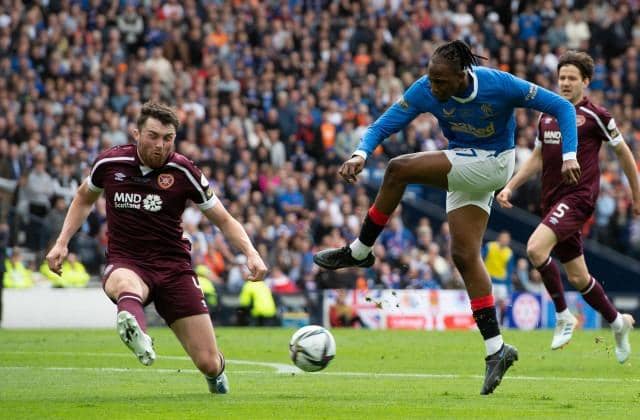 John Souttar blocks a shot from Joe Aribo during the Scottish Cup final between Hearts and Rangers at Hampden. (Photo by Sammy Turner / SNS Group)