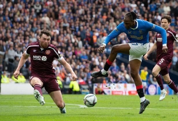 John Souttar blocks a shot from Joe Aribo during the Scottish Cup final between Hearts and Rangers at Hampden. (Photo by Sammy Turner / SNS Group)