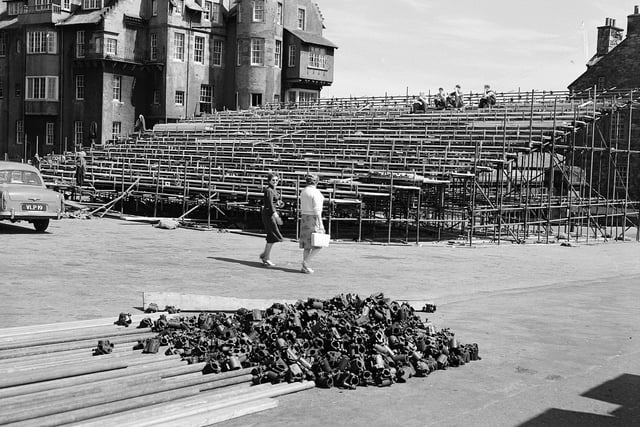 The scaffolding goes up on Edinburgh Castle esplanade before the Edinburgh Tattoo of 1959.