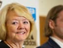 Ann Budge with Robbie Neilson in the background at Tynecastle.