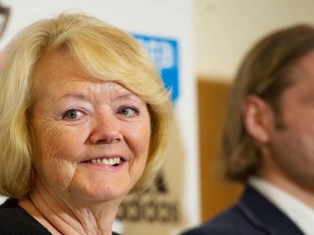 Ann Budge with Robbie Neilson in the background at Tynecastle.