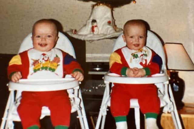 Stephen and David McConnachie of Double Take, aged 1, at Christmas
