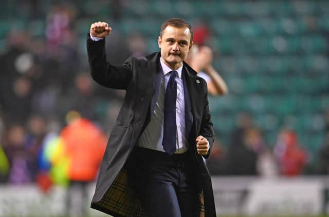 Hibs manager Shaun Maloney celebrates after emerging victorious from his first match in charge. Picture: SNS