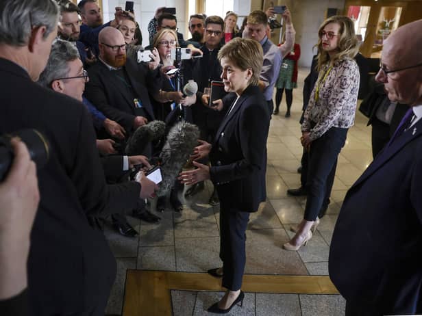 Nicola Sturgeon speaks to the media on her first visit to the Scottish Parliament since her husband Peter Murrell was arrested (Picture: Jeff J Mitchell/Getty Images)